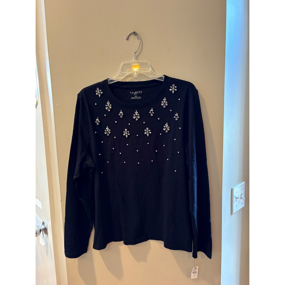 Talbots Petite PXL Black Rhinestone Crystal Embellished Cotton Long Sleeve Top